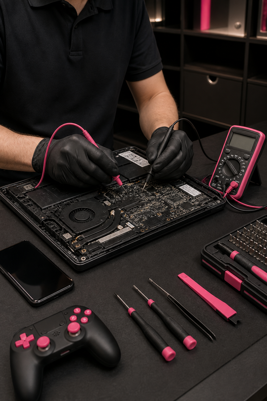 Banco profesional de reparación con notebook, celular, control y herramientas de precisión