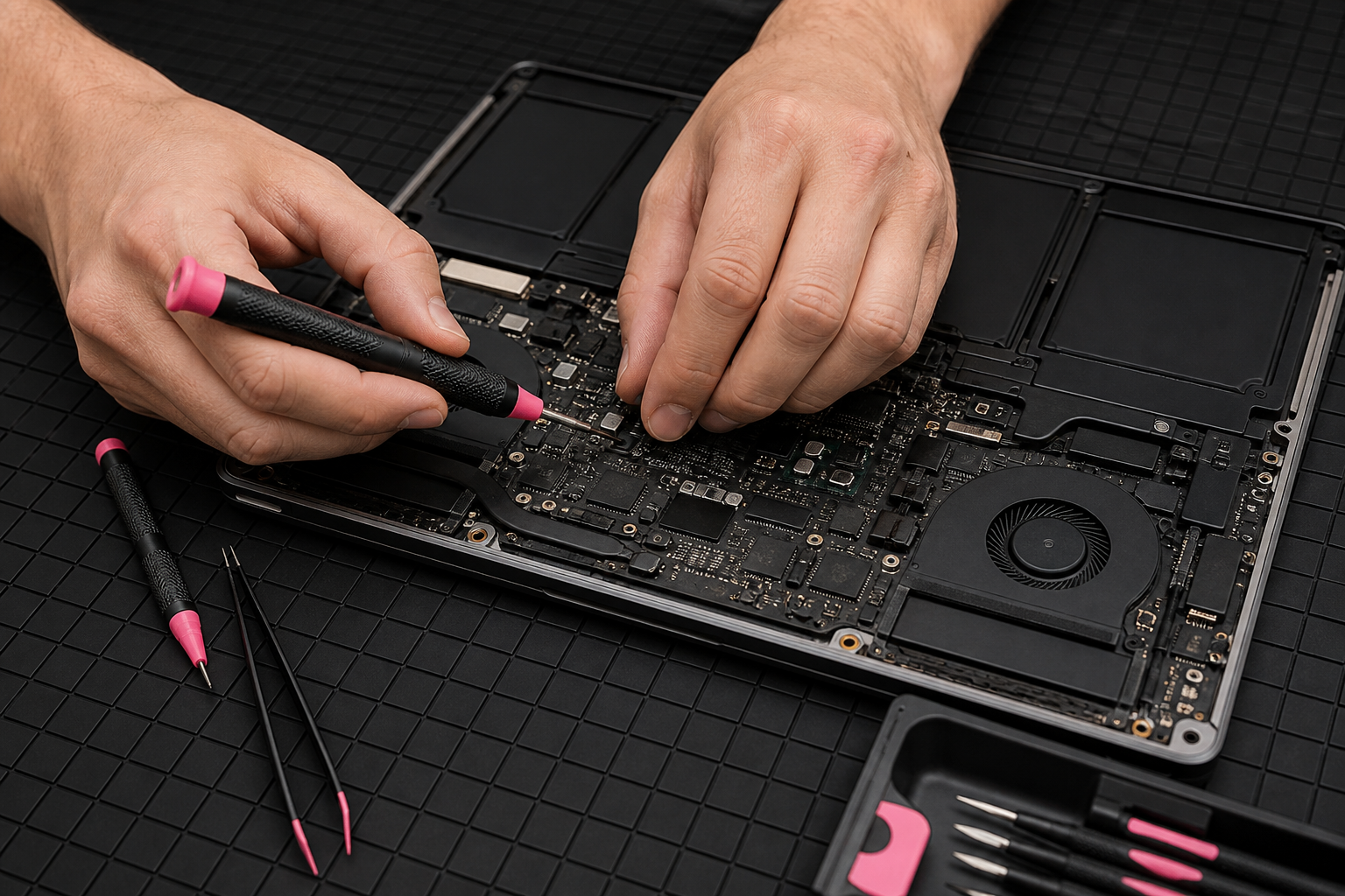 Técnico reparando los componentes internos de una notebook